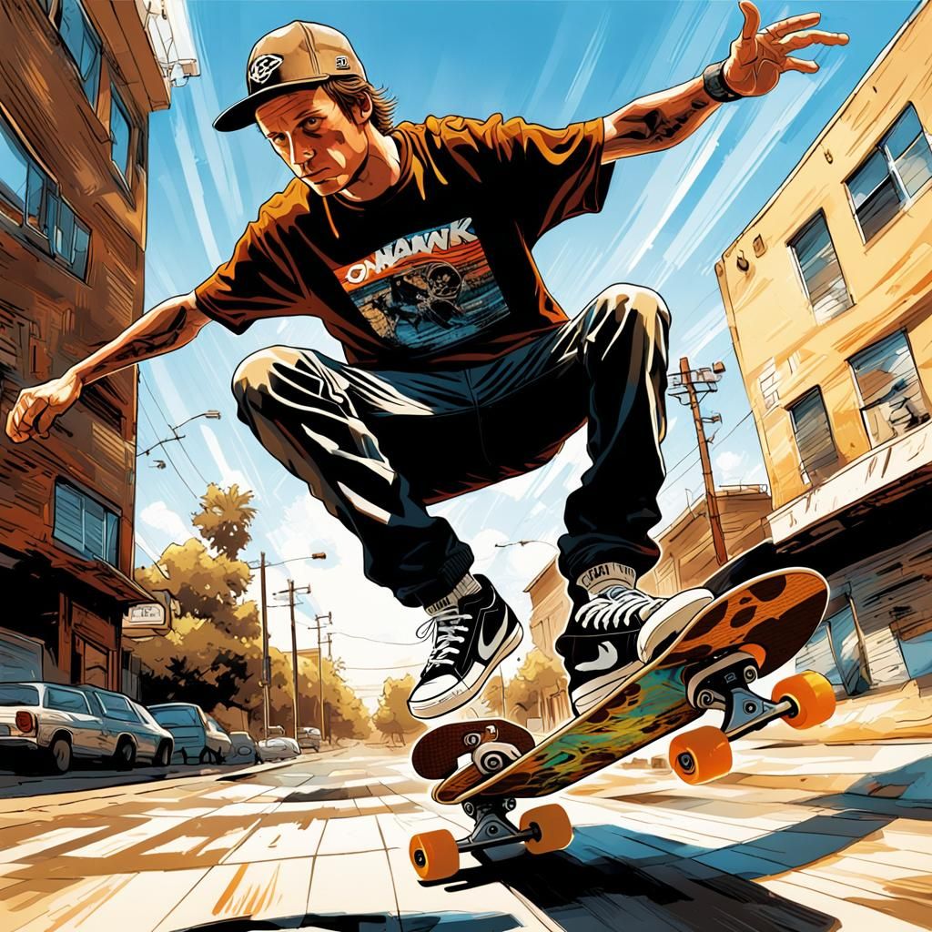 Tony Hawk Comic Art with Skateboarder Double Exposure