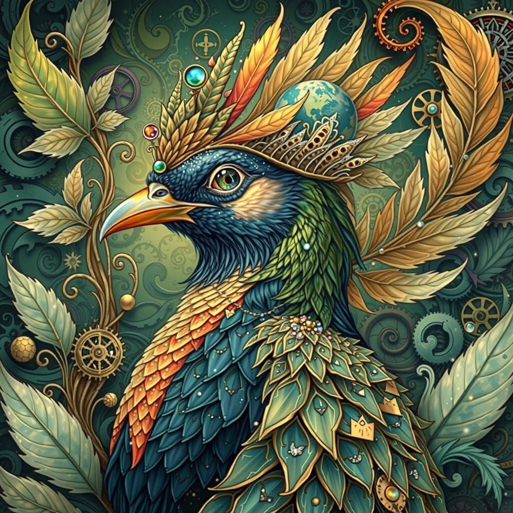Whimsical Bird Stepping into a Fantastical Realm in Watercol...