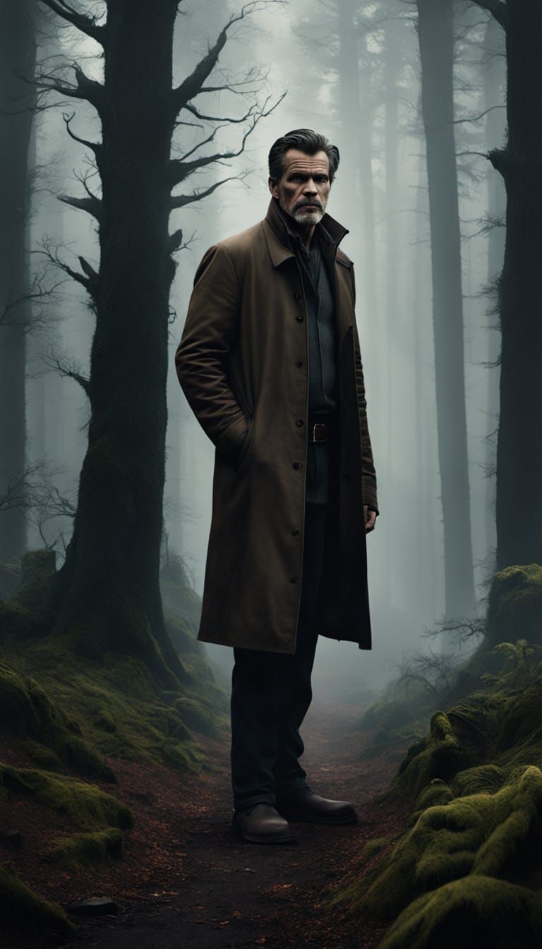 Man in Foggy Forest at Night Noir Style