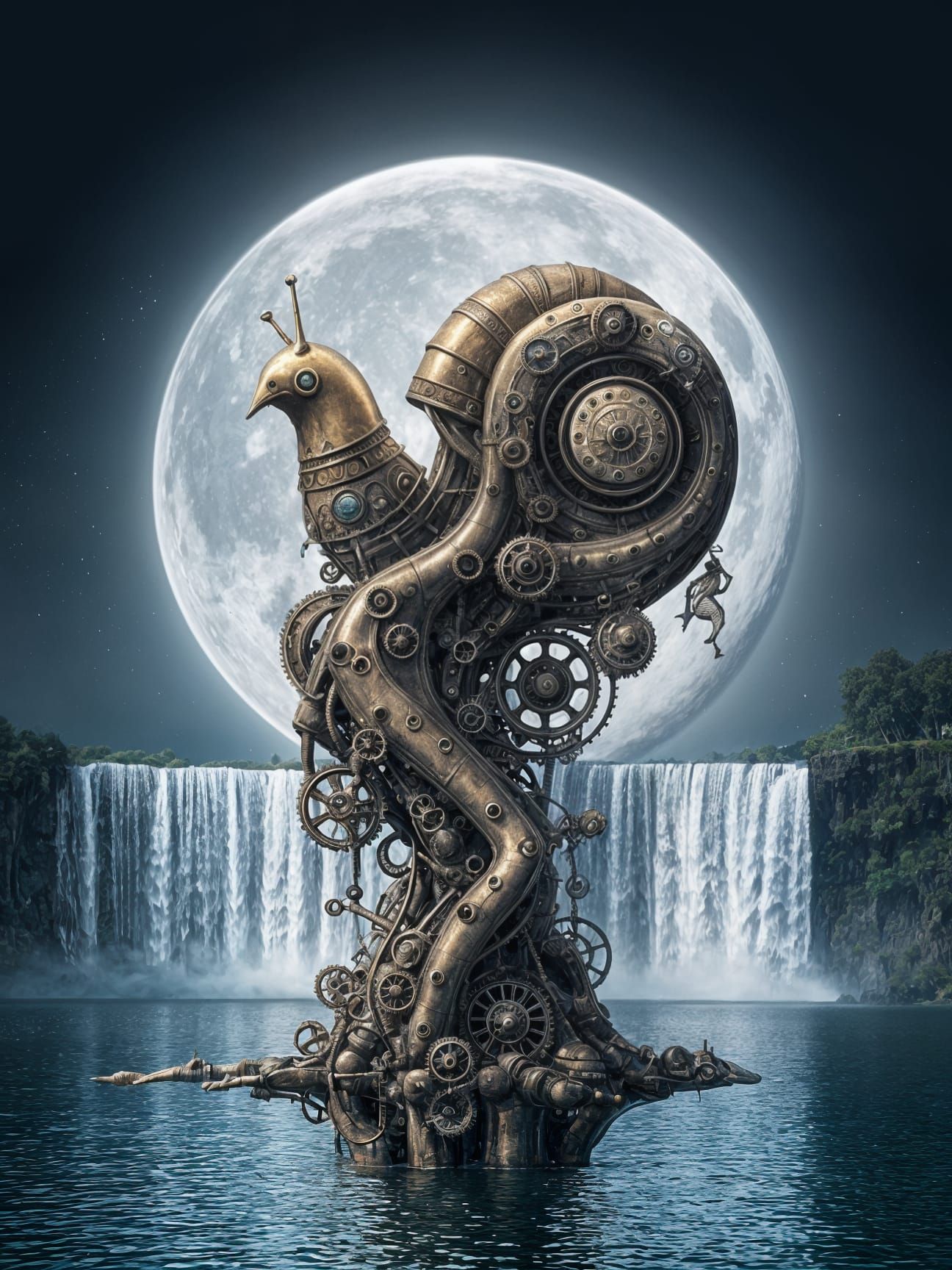 Steampunk Statue of a Snail Bird Human Hybrid Under a Full M...