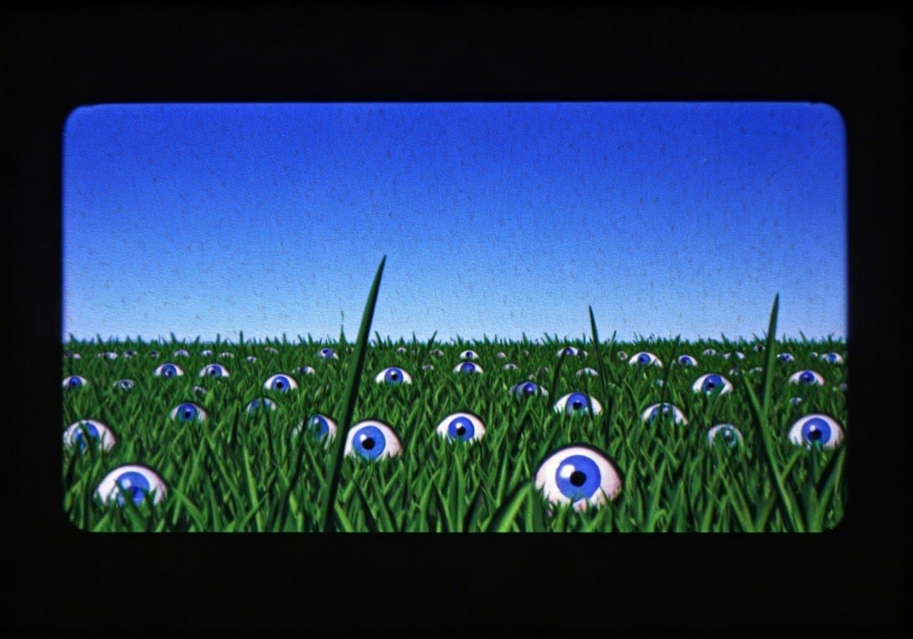 Surreal N64 Grass Field with Eyes, VHS Aesthetic