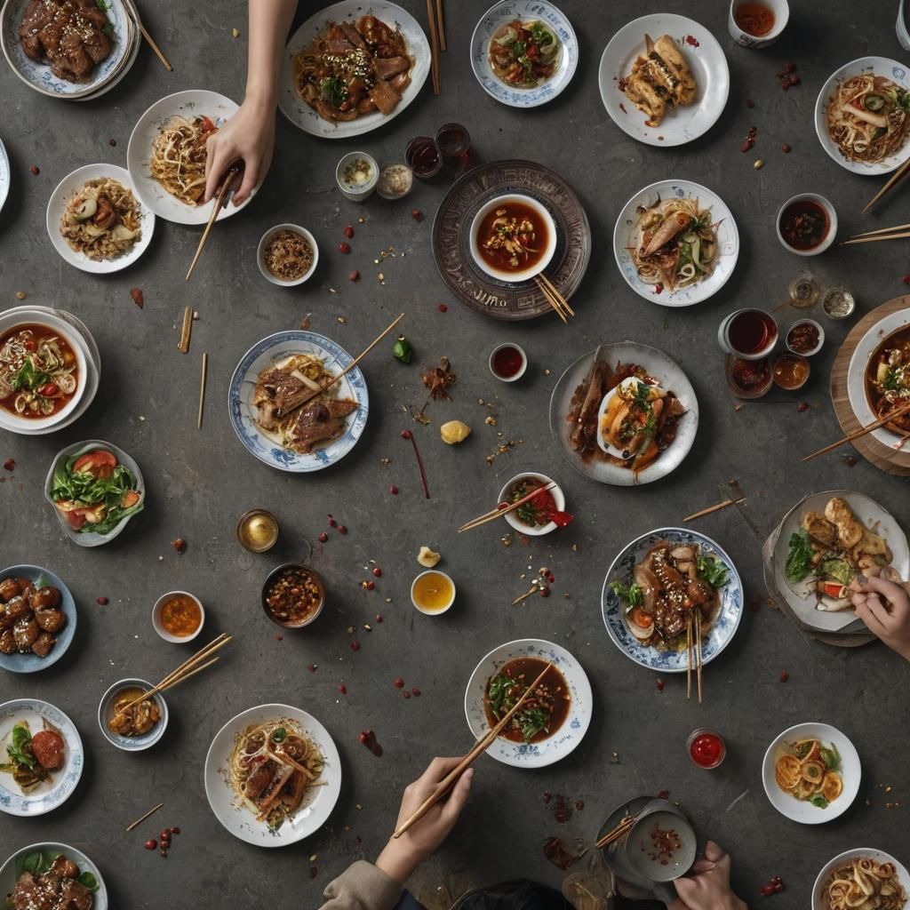 Chinese People Eating with Chopsticks in Detailed Matte Pain...