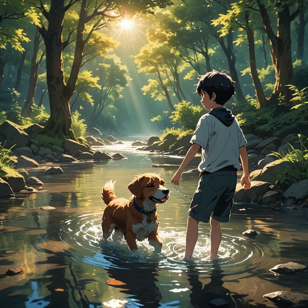 Anime Boy and Dog Play in River