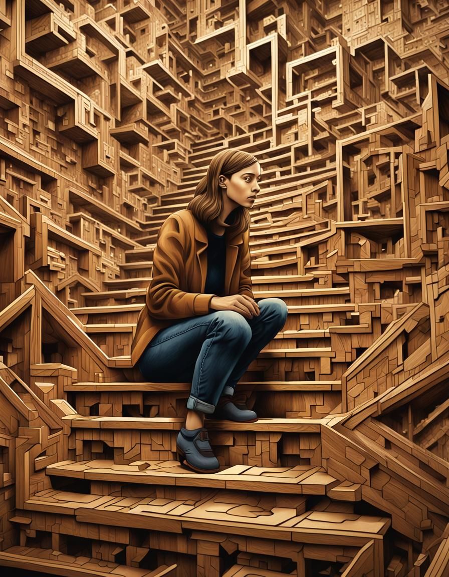 Surreal Woman Building Puzzle in Escher Style