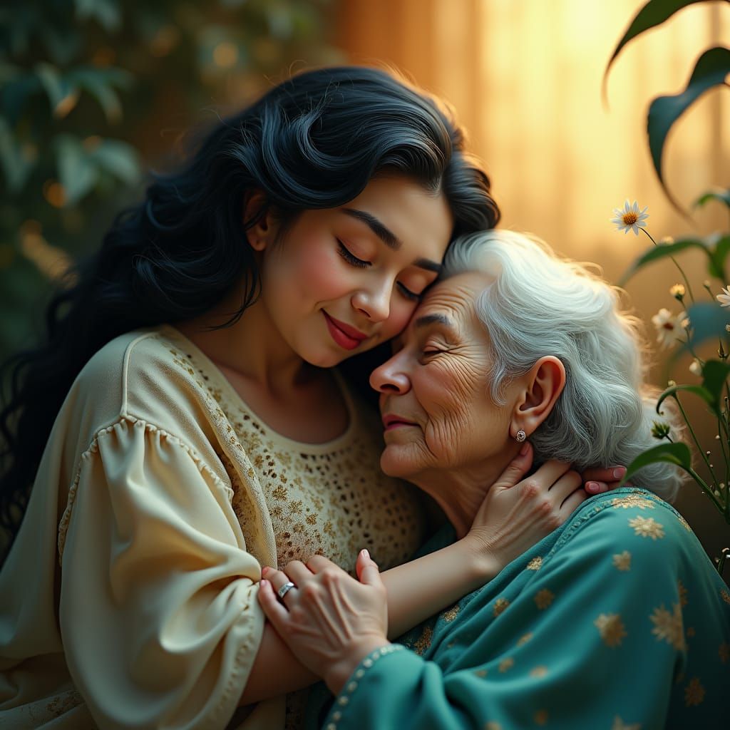 Compassionate Woman Comforting Elderly Lady: Dreamlike Conce...
