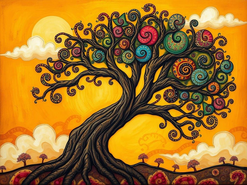 Whimsical Folk Art Tree with Intricate Patterns and Earthy T...