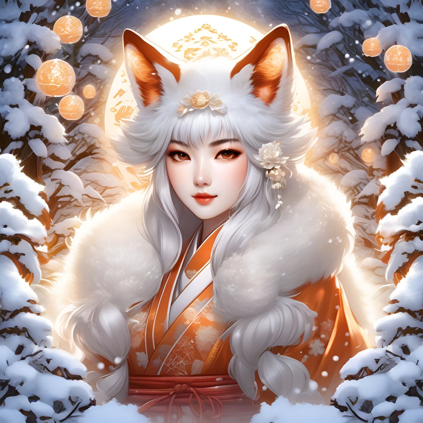 Kitsune Girl Harvesting Hydrangeas in Snowy Forest
