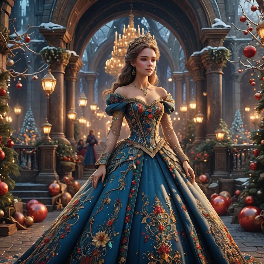 Fairytale Princess in Festive Gown, Detailed Matte Painting