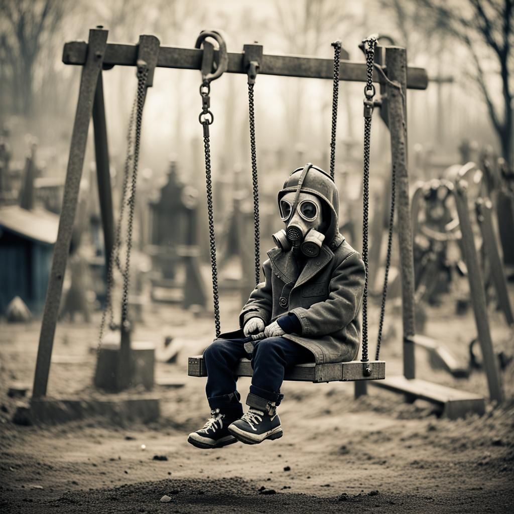 Child in Gas Mask Plays in Wasteland