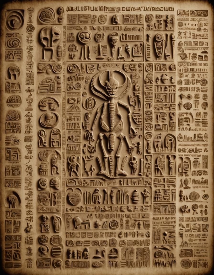 Alien Cuneiform Text with Mayan Pictographs
