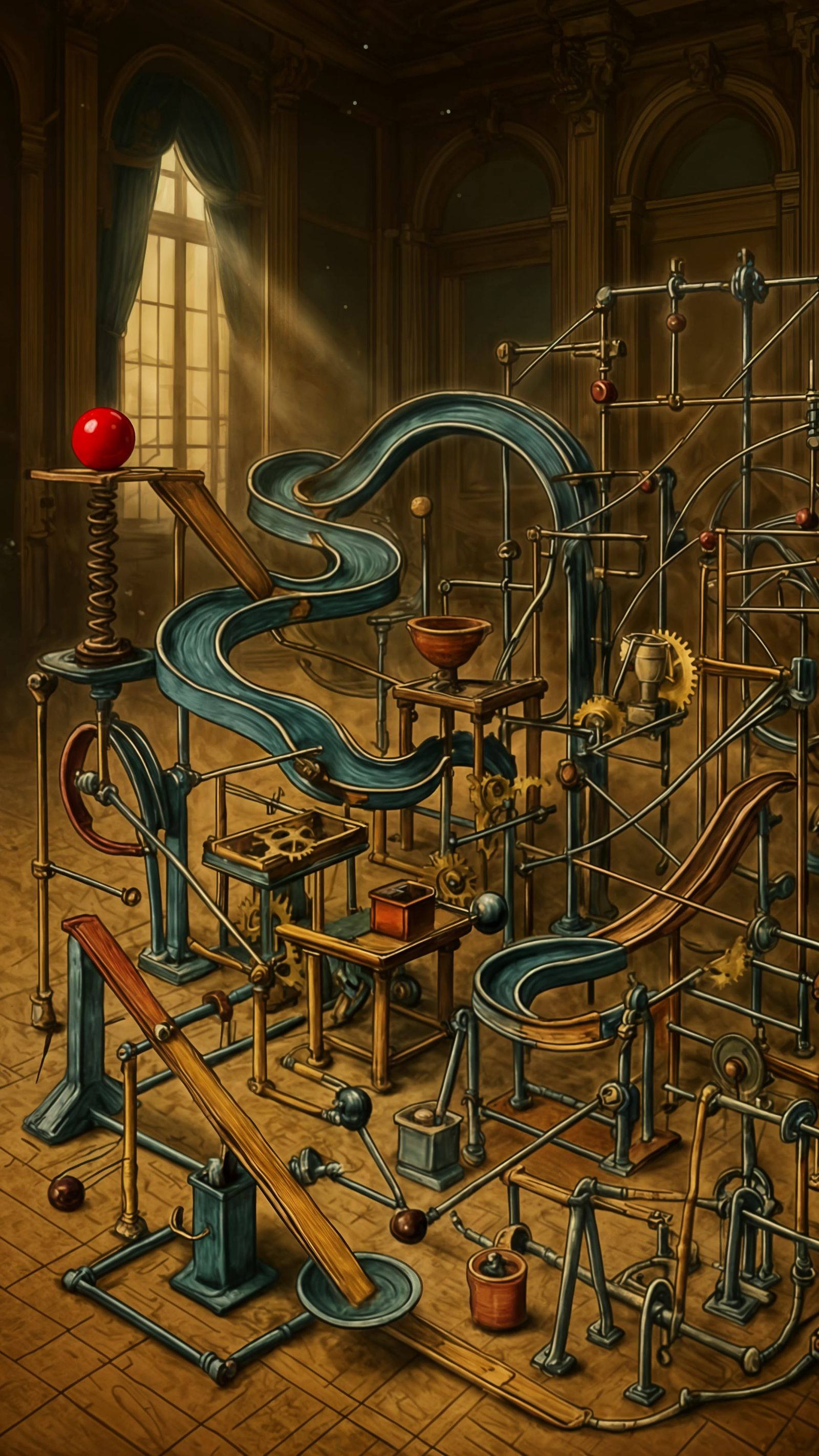 Victorian Rube Goldberg Machine in Ballroom