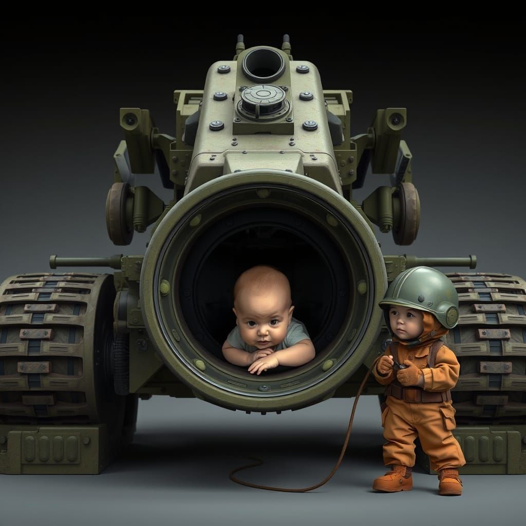 Hyperrealistic M777 Artillery with Crawling Baby