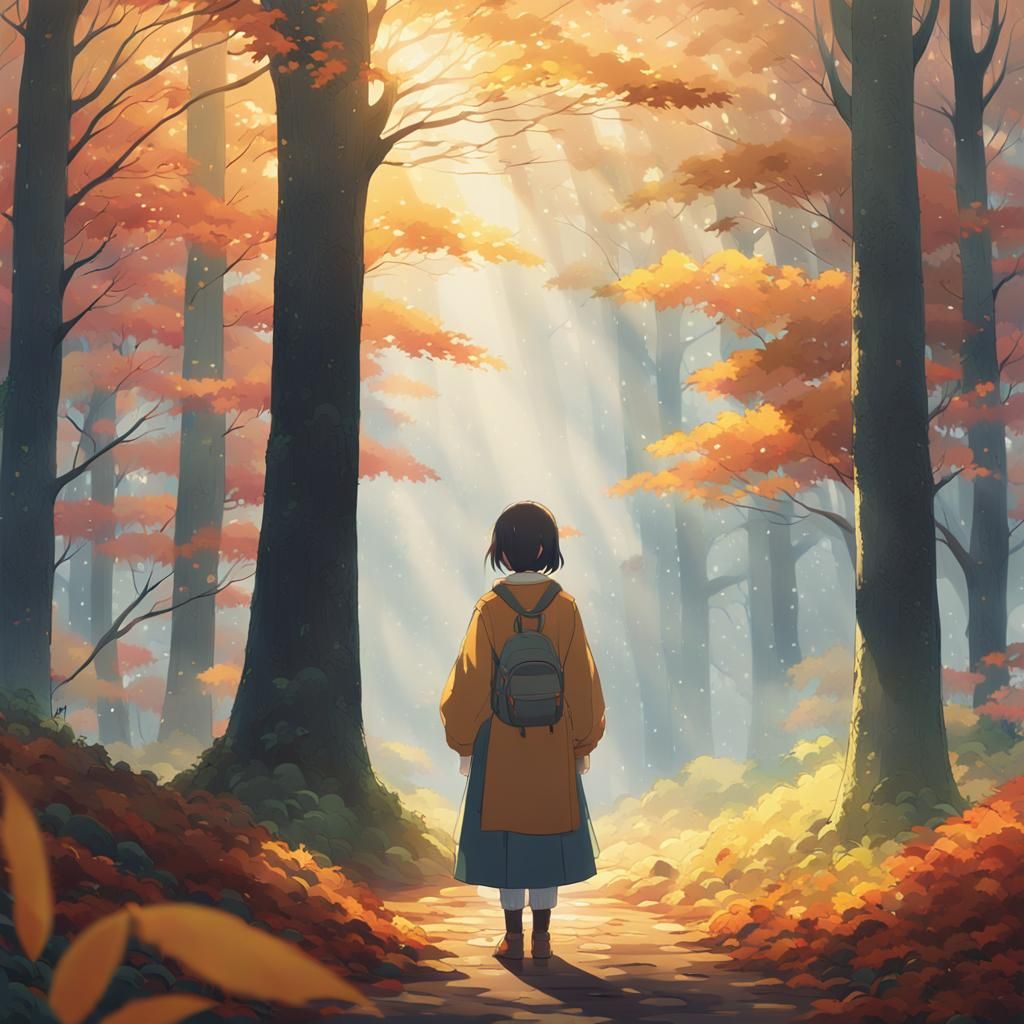 Lonely Woman in Autumn Forest: Anime Style
