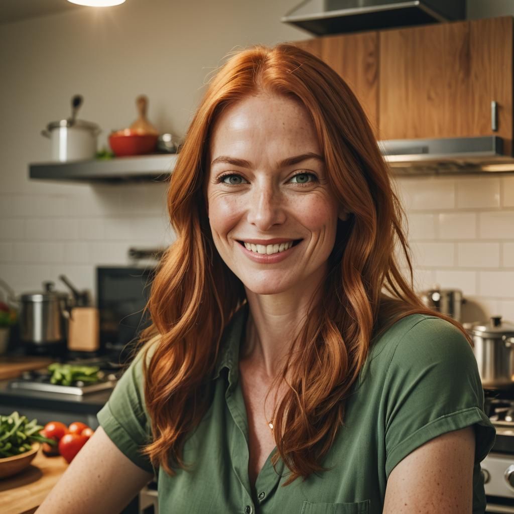 Smiling Woman Cooking in Modern Kitchen: Cinematic Close-Up