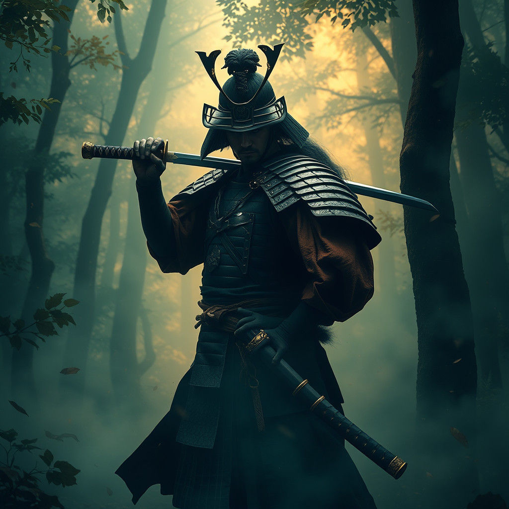 Mystical Samurai Warrior in Emerald Forest