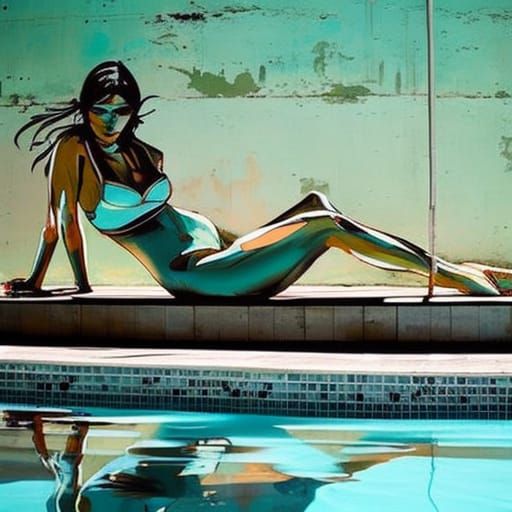 Woman Sunbathing: Street Art Style Poolside Scene