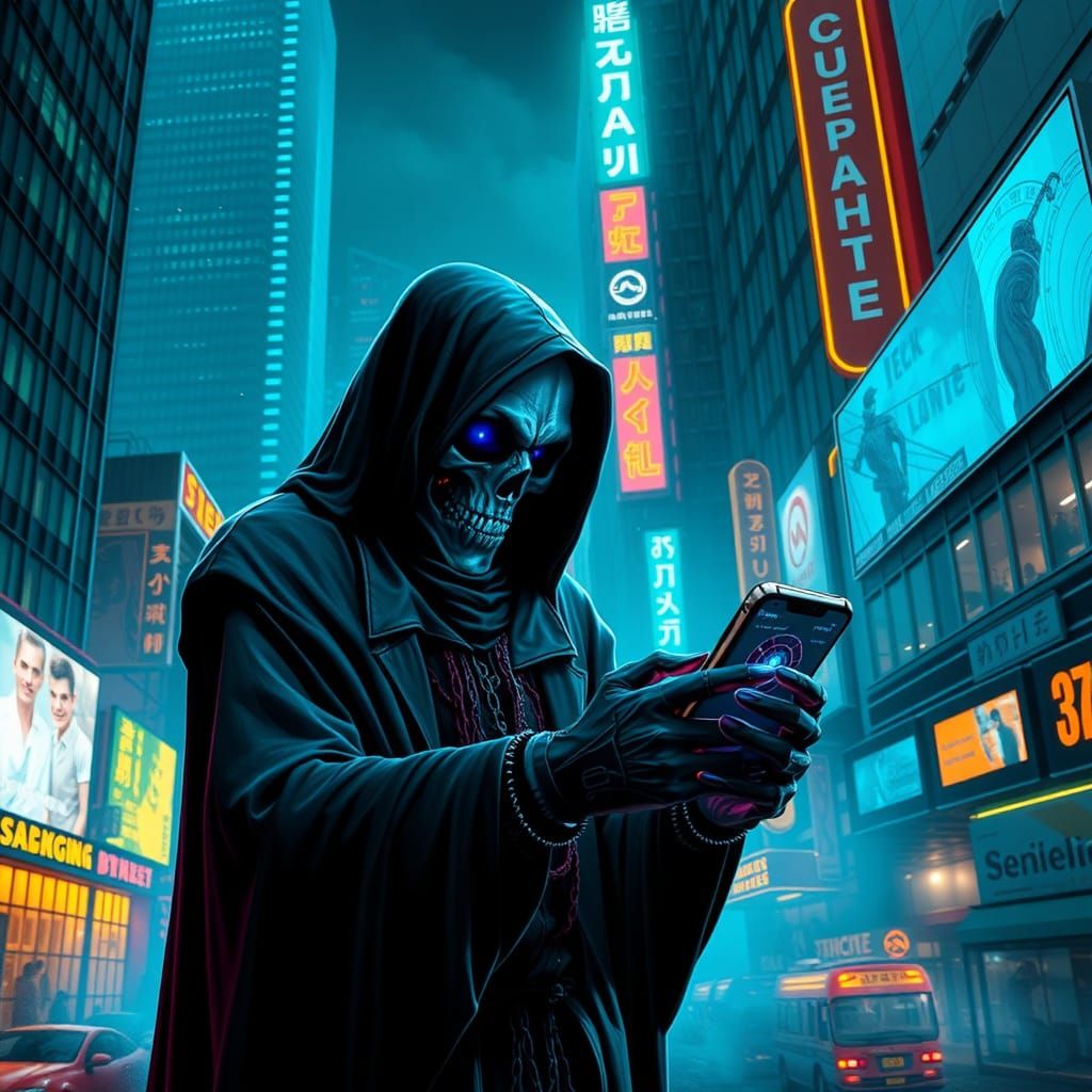 Grim Reaper Plays Phone in Cyberpunk Cityscape