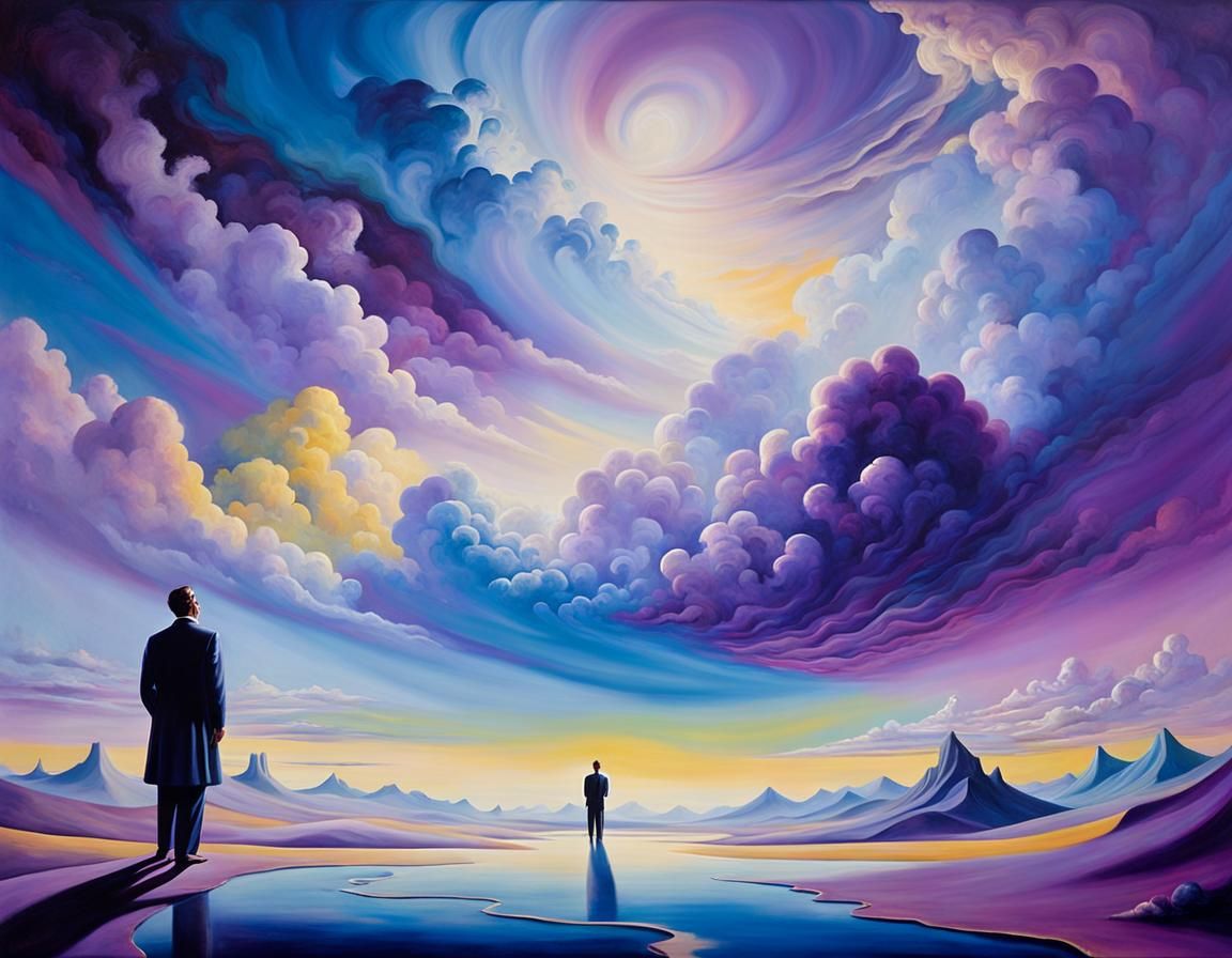 Surreal Figure in Dreamlike Landscape: Abstract Oil Painting