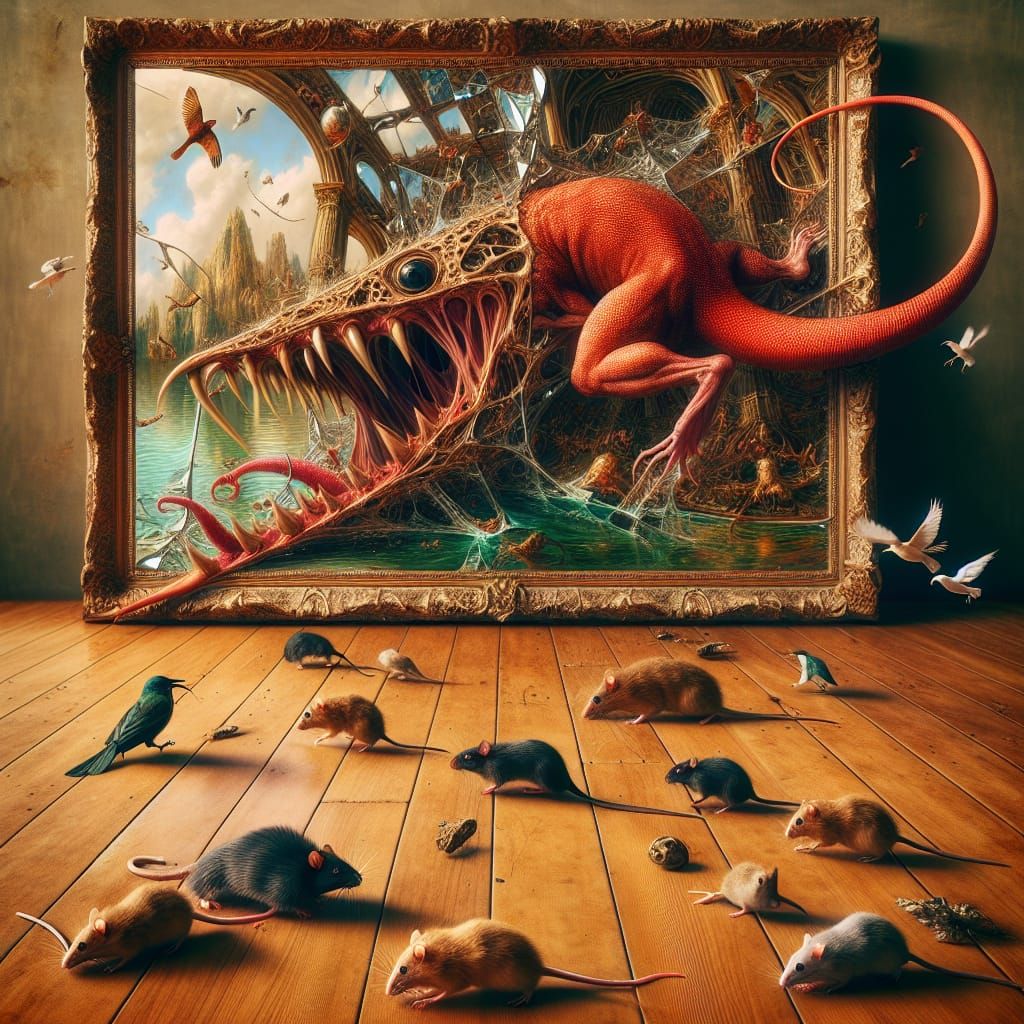 Surreal Broken Mirror Scene with Scarlet Creature