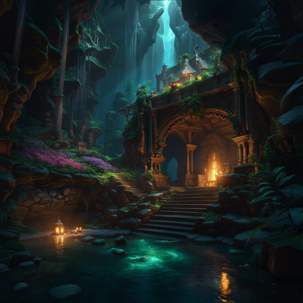 Mysterious Hidden Grotto in Dark Fantasy Style
