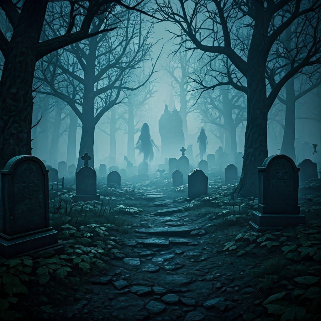 Ethereal Graveyard with Ghostly Apparitions in Gothic Style
