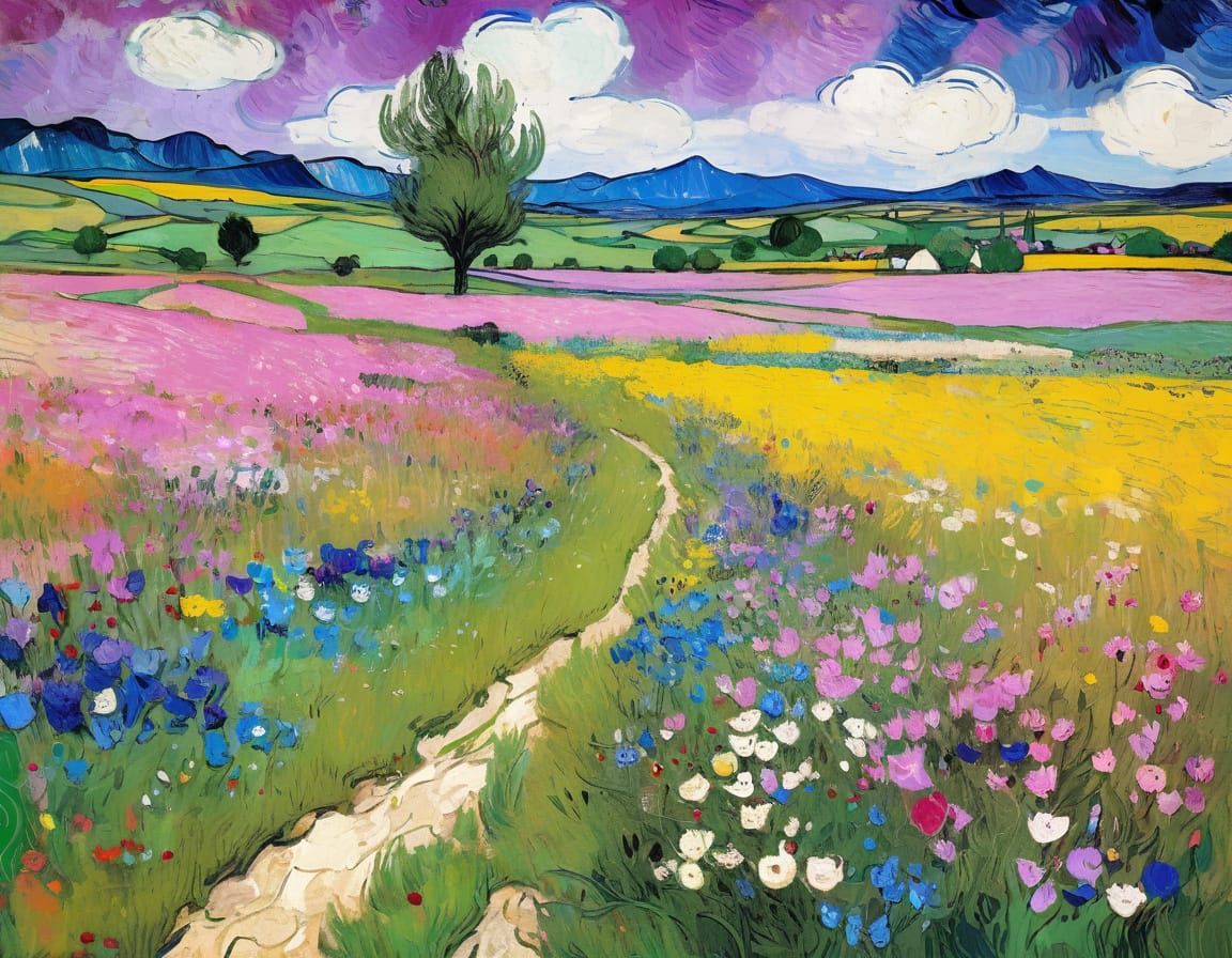 Grunge Spring Landscape in Pop Art Style