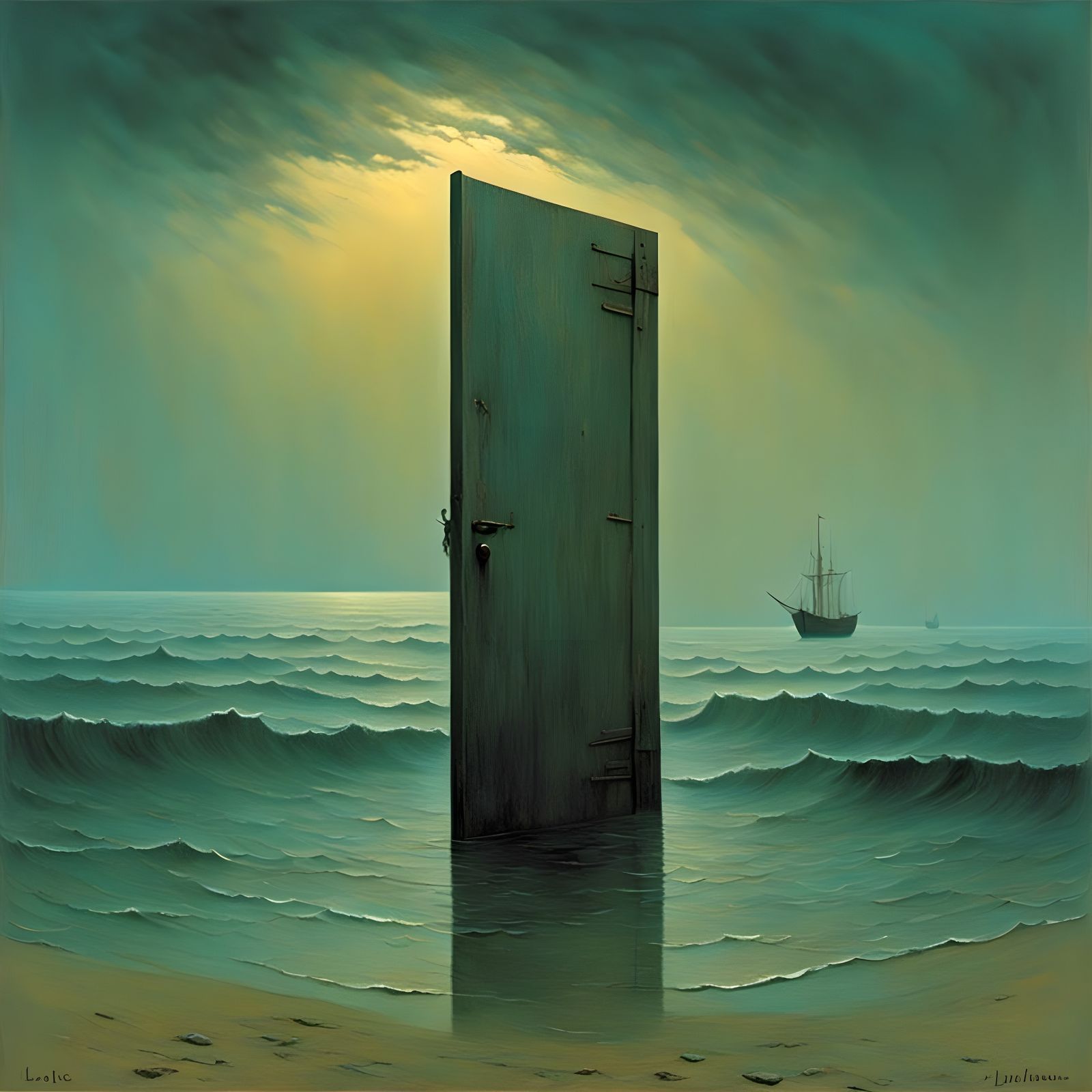 Surreal Painting of a Door in the Ocean