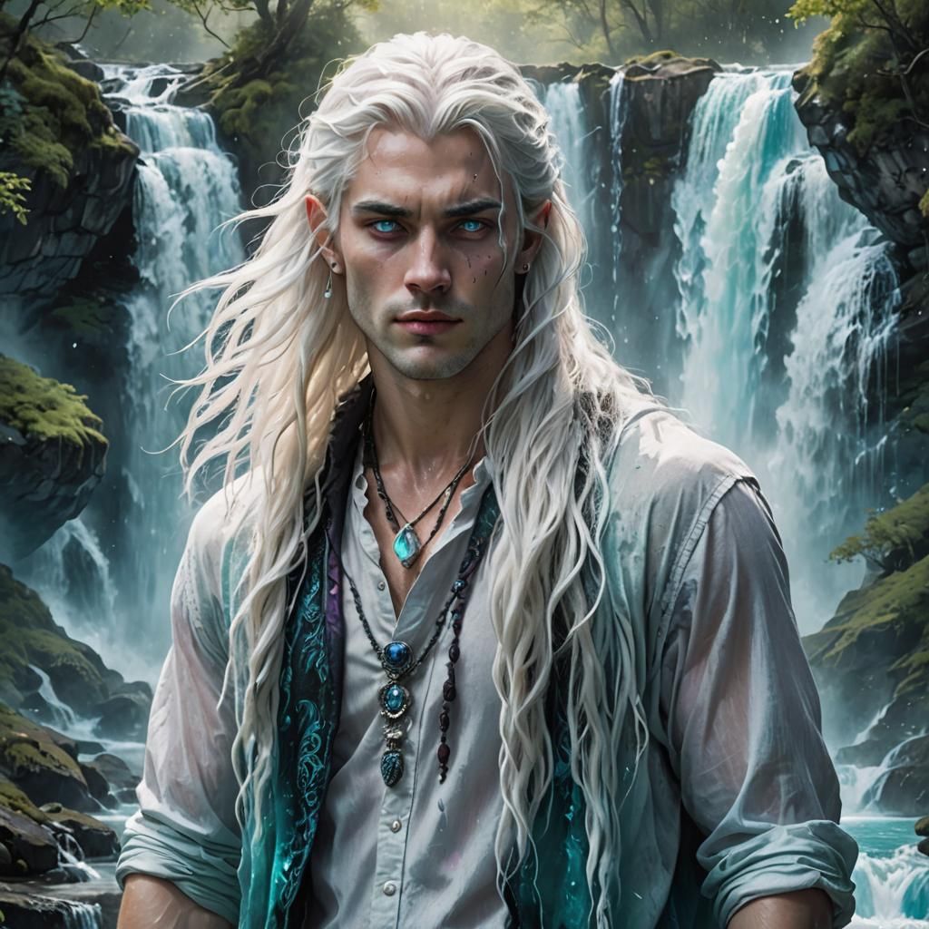 Mysterious Man by Waterfall in Fantasy Concept Art