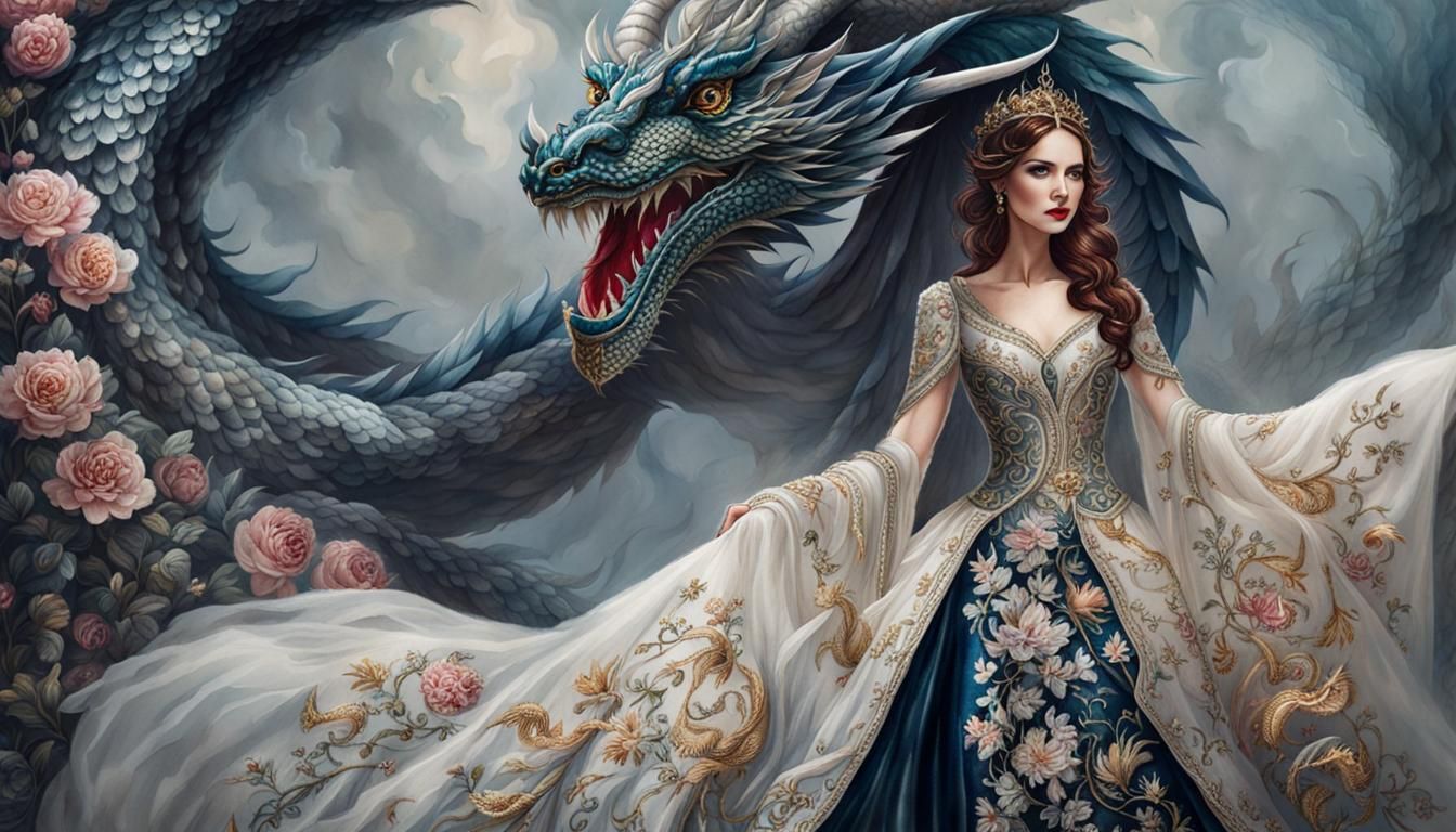 Dragon Embroidery on Bridal Dress in Watercolor Style