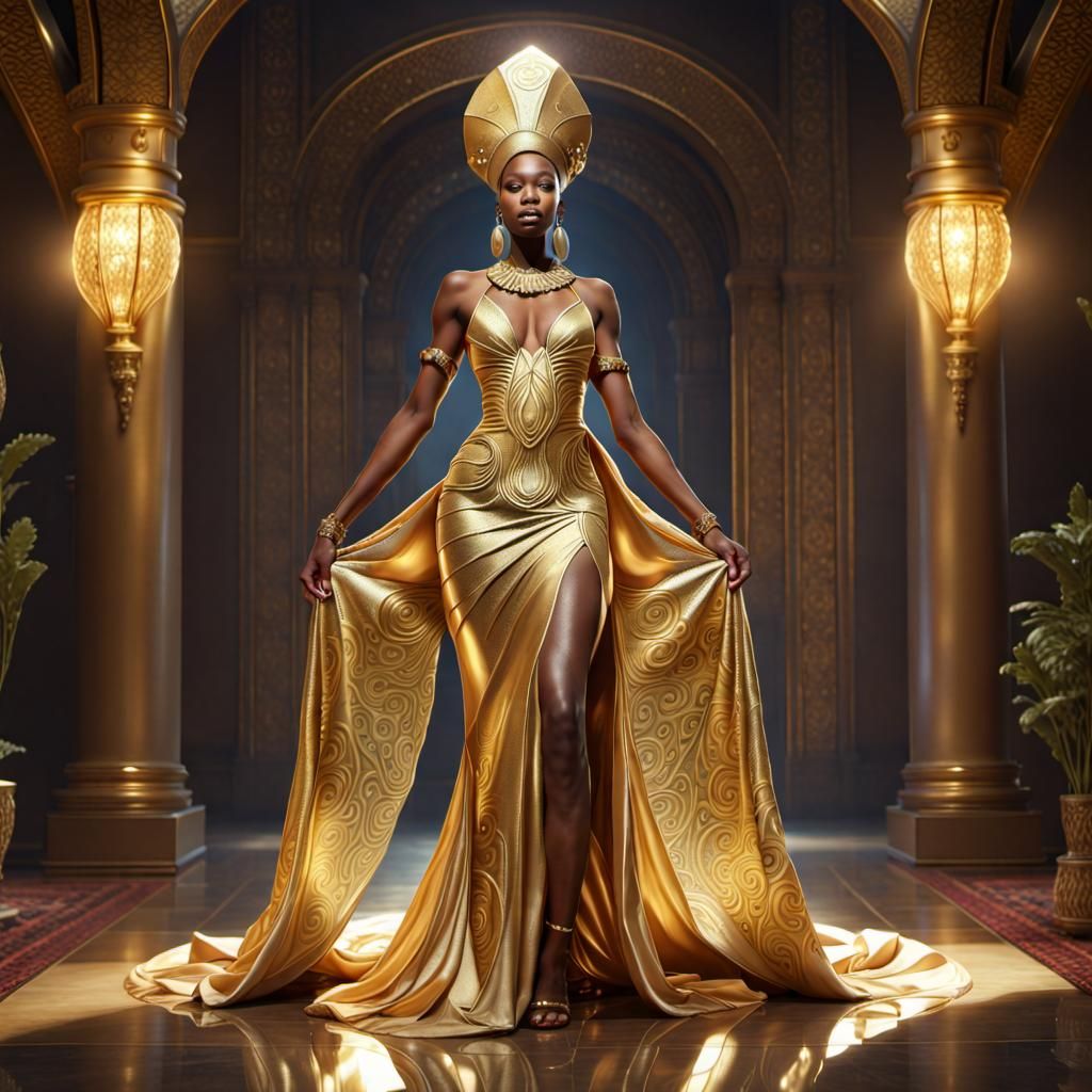 Nubian Queen in Golden Gown: Acrylic Art