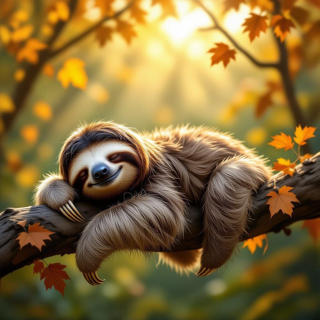 Sloth Sleeping on Autumn Branch in Dappled Sunlight