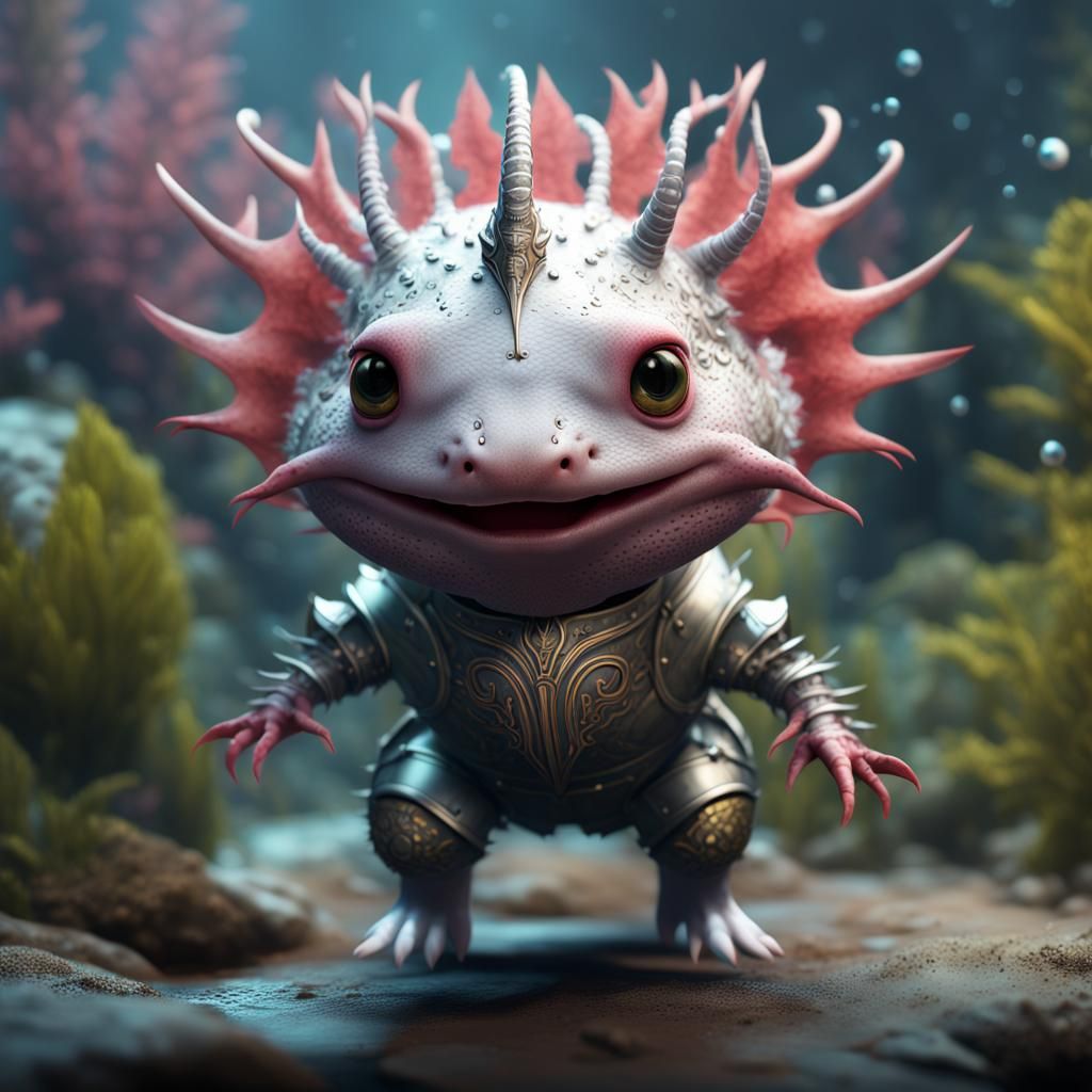 Joyful Armored Axolotl Fantasy Concept Art