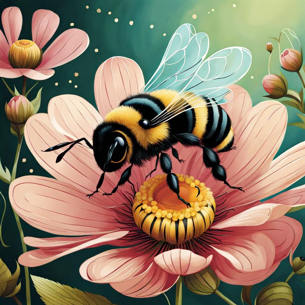 Whimsical Bee on Flower Illustration