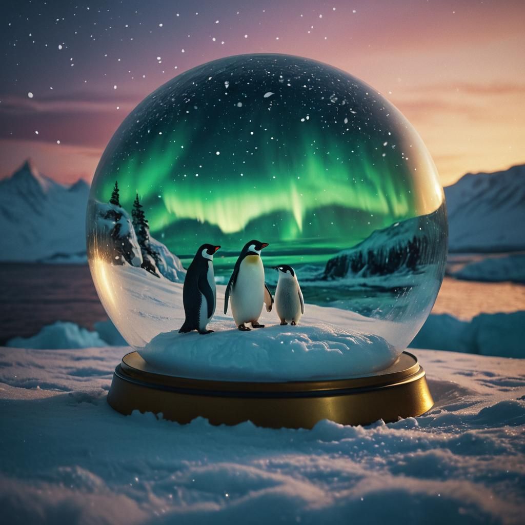 Penguin and Polar Bear in Snow Globe Under Aurora
