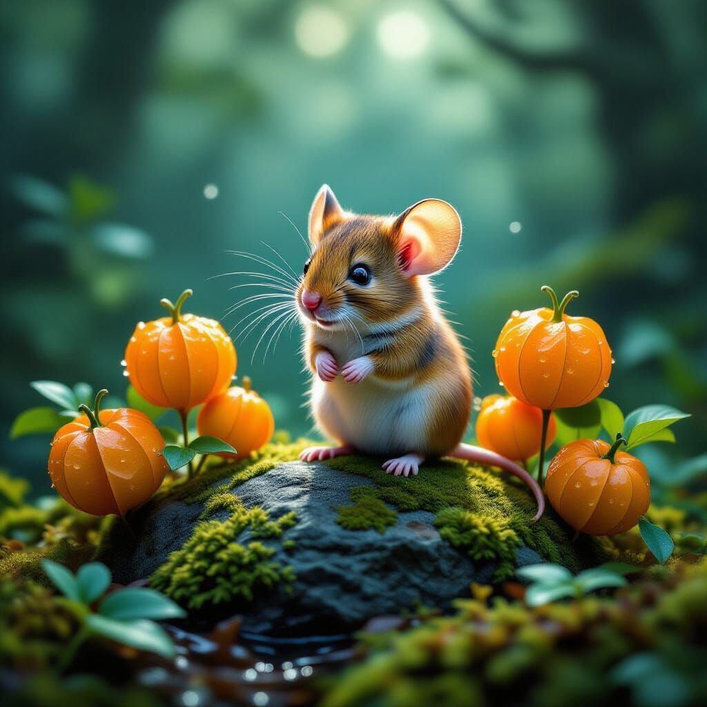 Mouse Among Orange Physalis Plants in Mystical Forest