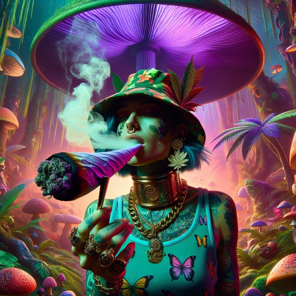 Fairytale Adventurer Smoking in Psychedelic Forest