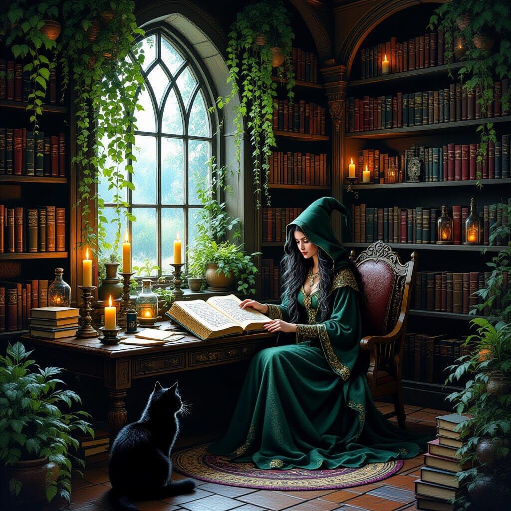 Mystical Wiccan Library with Black Cat, Fantasy Art