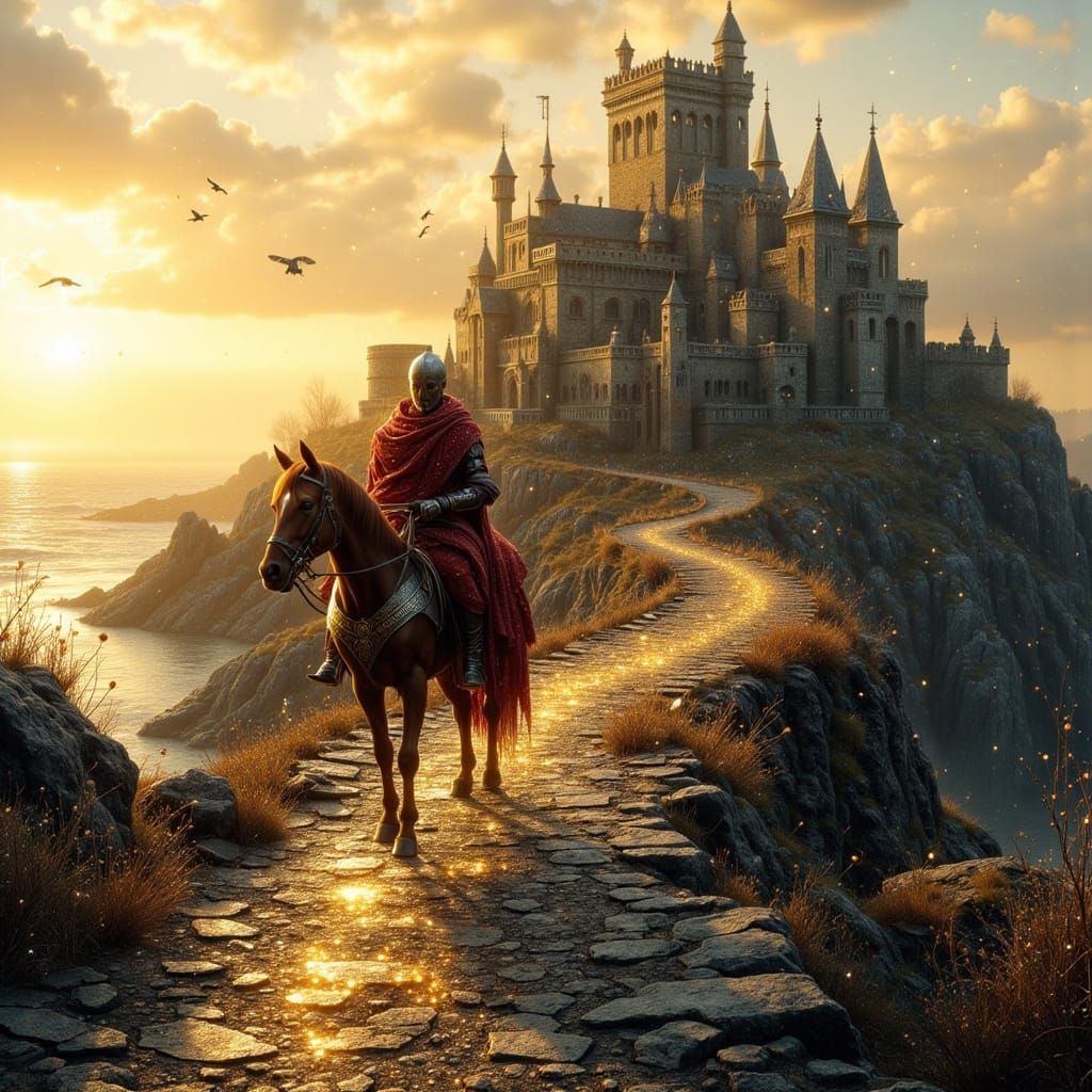 Knight Rides to Gothic Castle at Sunset