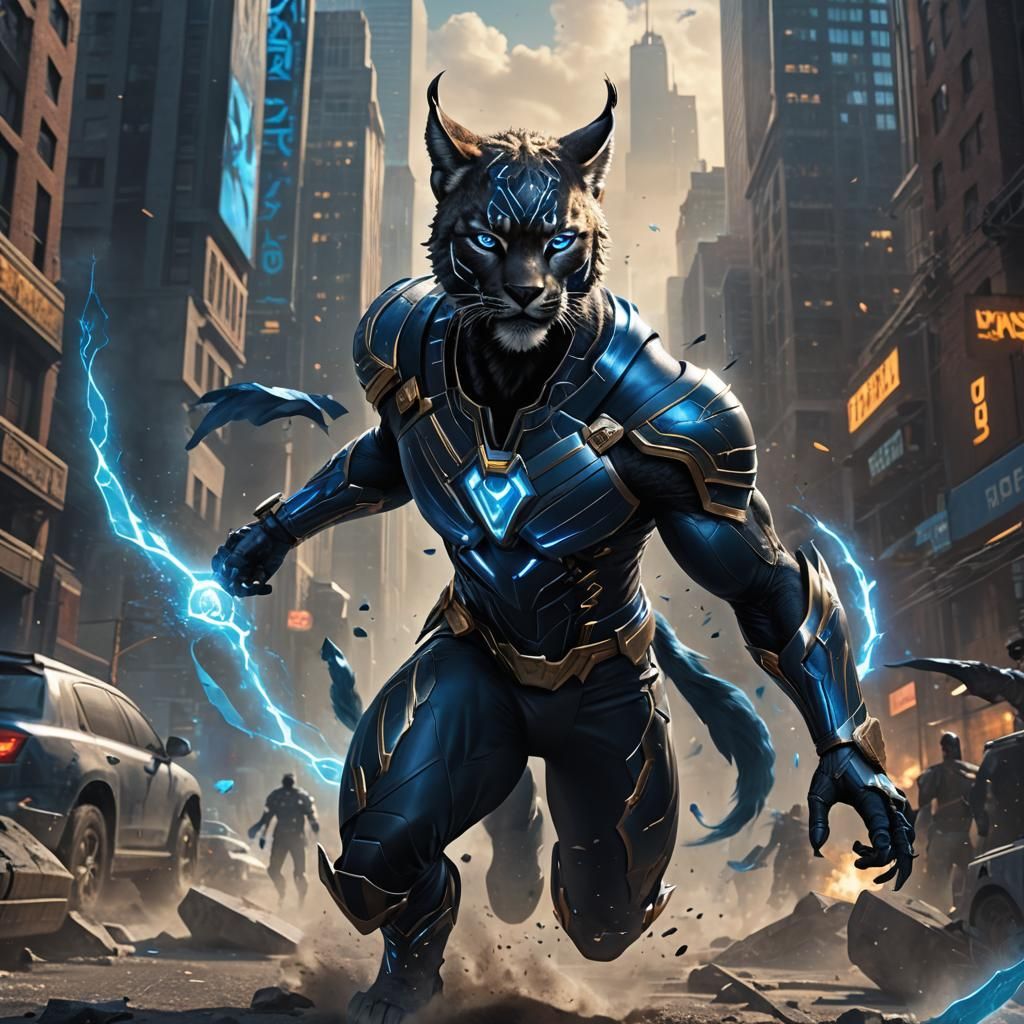 Lynx Superhero with Blue Energy in Matte Painting Style