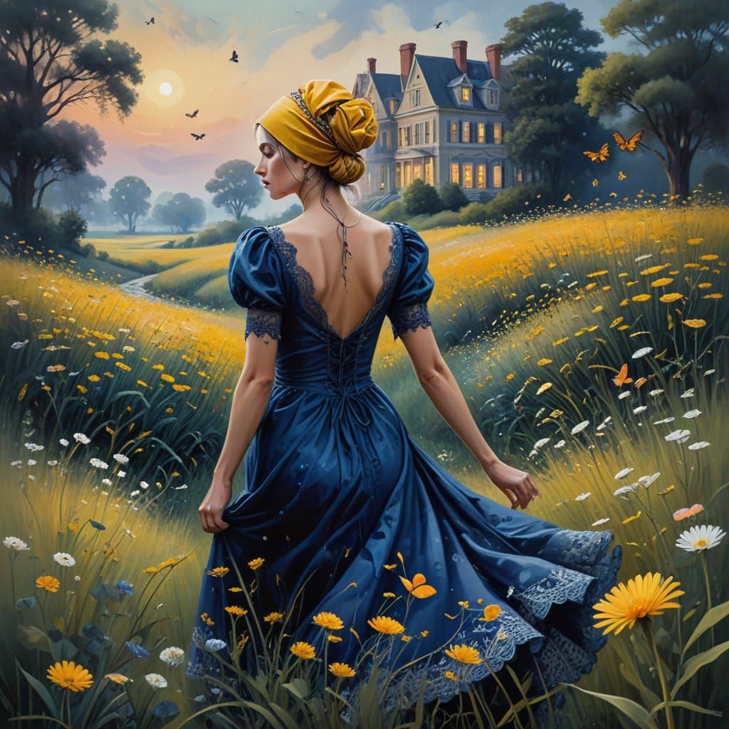 Surrealistic Woman in a Dreamlike Landscape with Greyhound