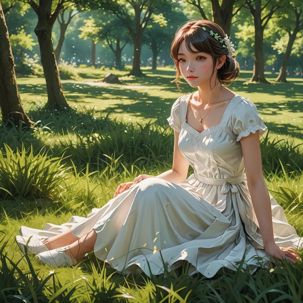 Woman in White Dress: Hyper-Realistic Anime Art