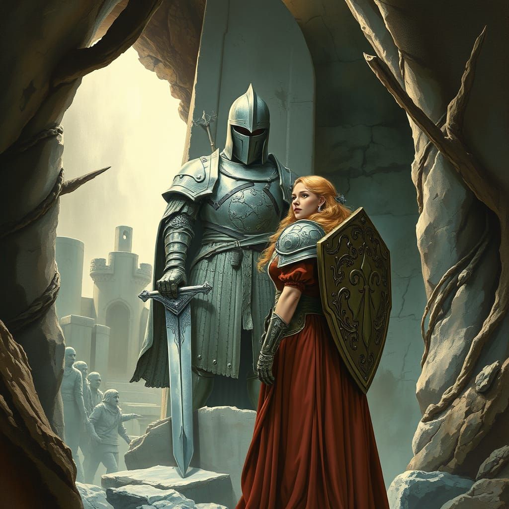 Armored Woman in Mystical Grotto, Dark Fantasy Art