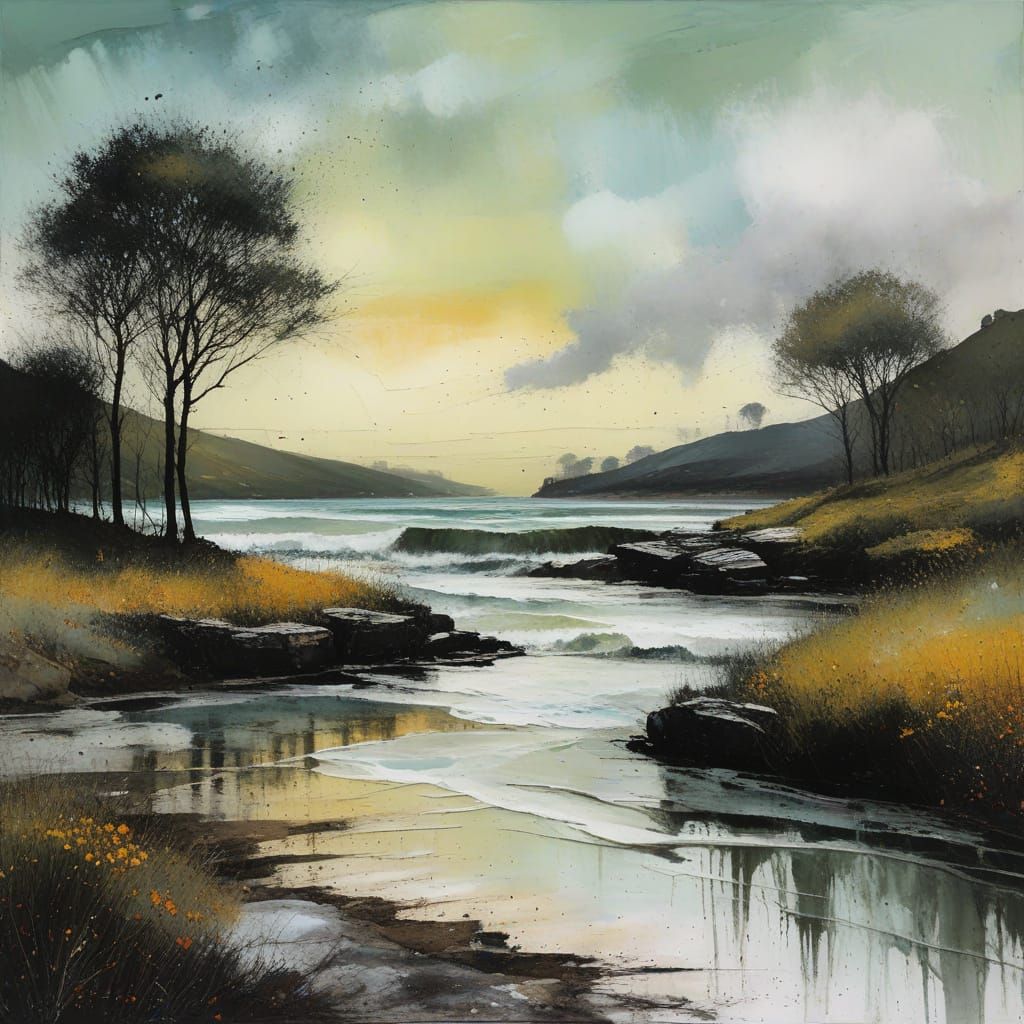 Expressionist Beach Scene in Impasto-Encaustic Style