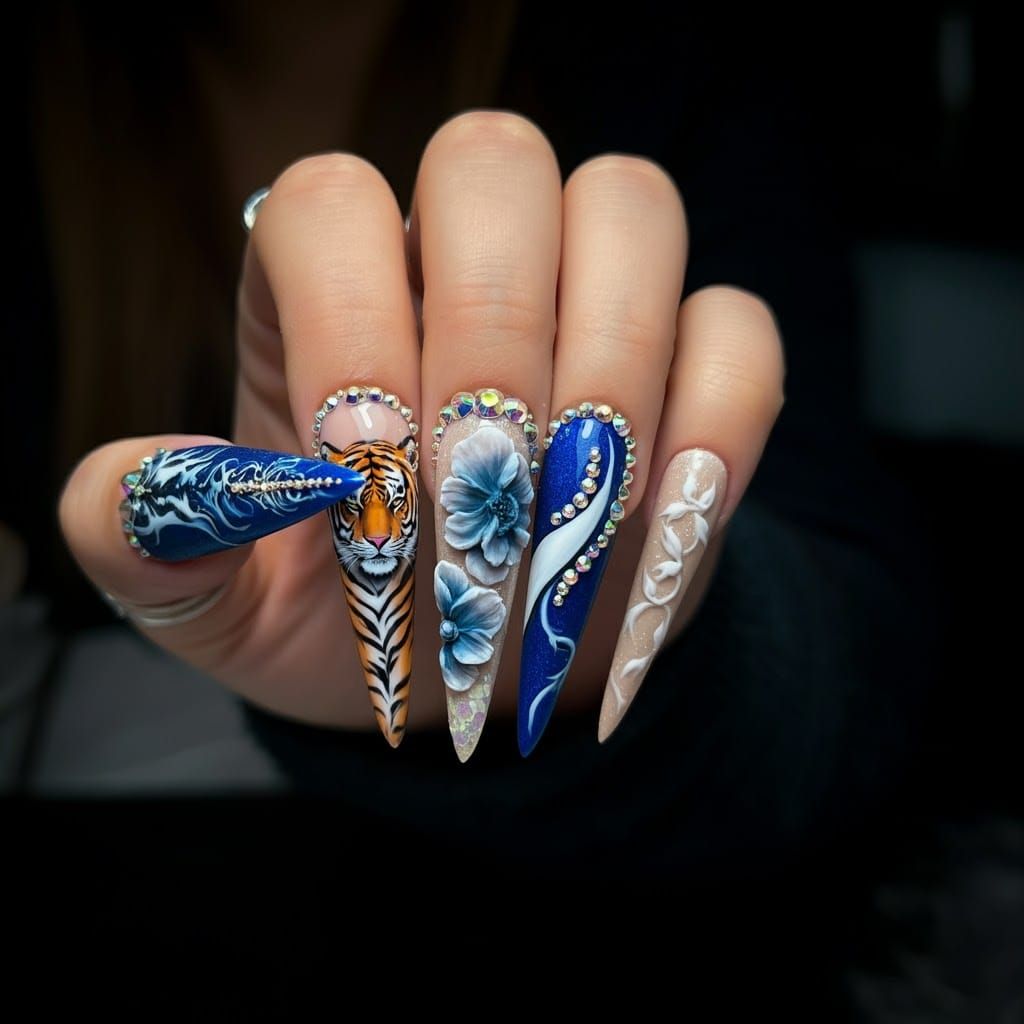 Glamorous Tiger Print and Floral Stiletto Nail Art