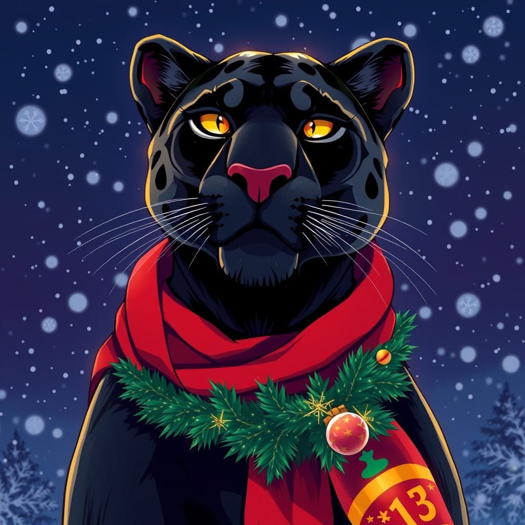 Majestic Christmas Panther in Vibrant Anime Style
