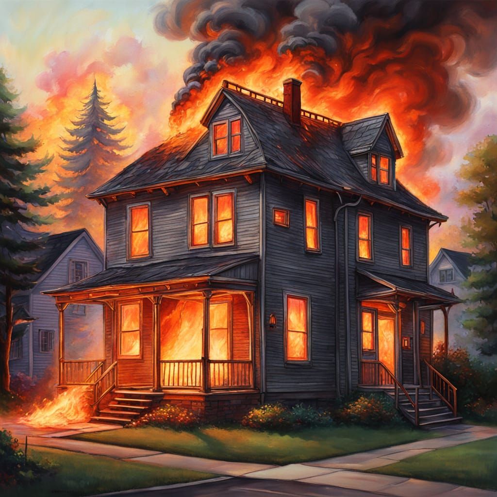 Burning House and Fire Truck in Gouache Style