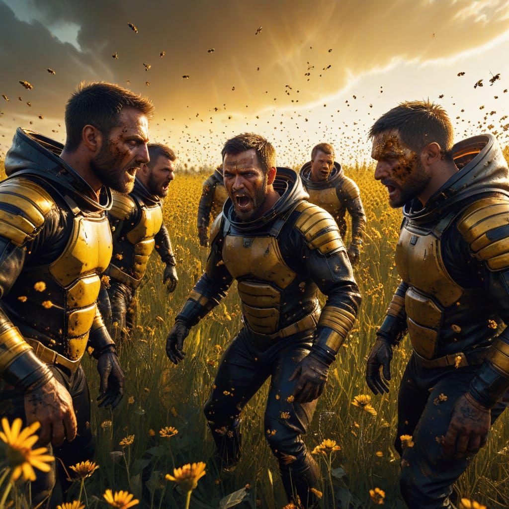 Men Flee Under Siege by Swarming Bees in a Golden Hour Lands...