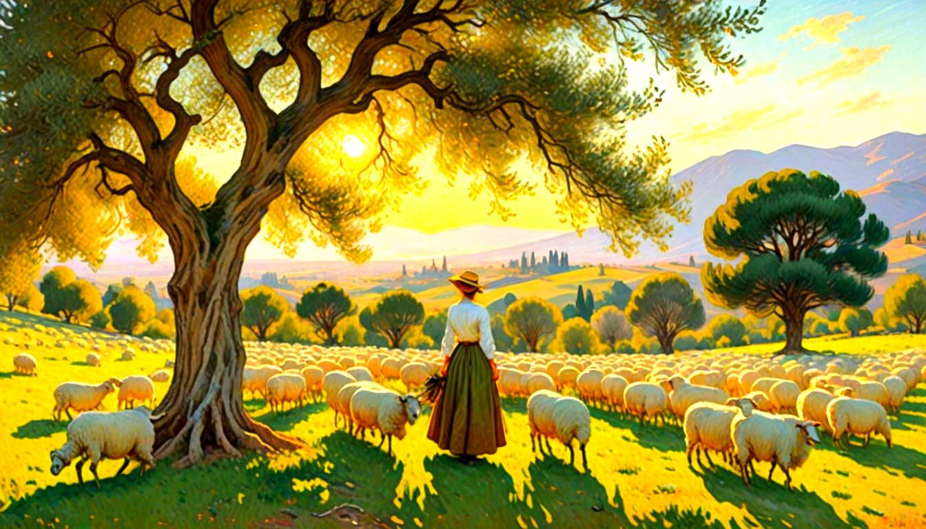 Italian Shepherdess Watches Flock under Olive Tree near Alps