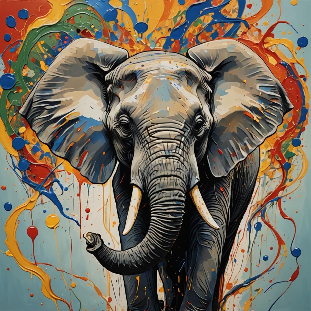 Elephant in Splash Art Style, Hyperrealistic