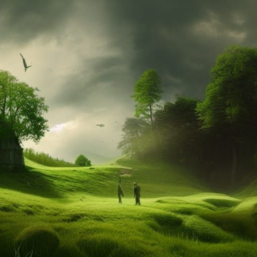 Lush Green Landscape in Digital Matte Painting Style